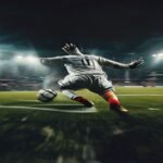 Image éditoriale d'un gardien de but effectuant un arrêt spectaculaire lors d'un match de football, soulignant son agilité et sa concentration.