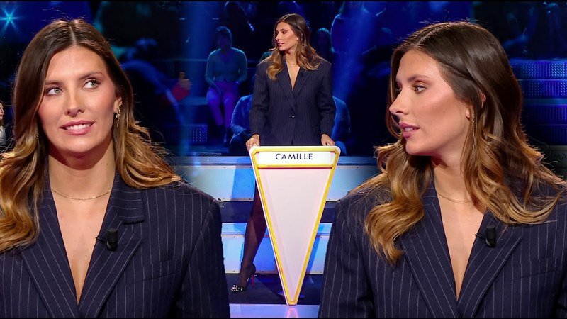 Camille Cerf en pleine interview lors d'un plateau de télévision