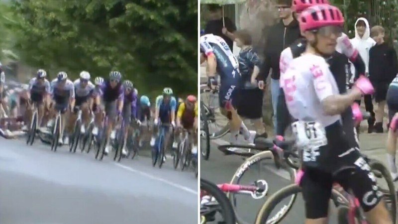 Cycliste professionnel du Giro d'Italia recevant des soins médicaux d'urgence après une chute, équipe soignante sur le bord de la route.