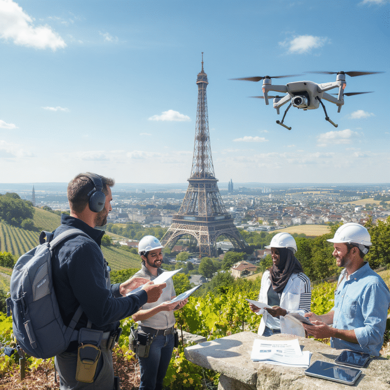 Drone civil en application professionnelle au-dessus d'un paysage français.