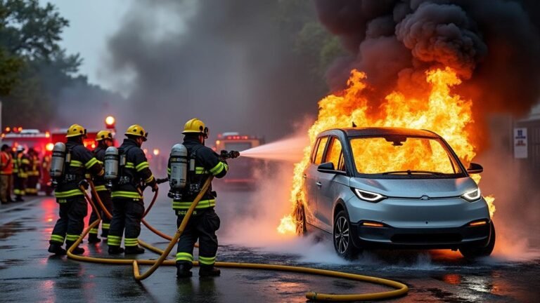 Pompiers professionnels intervenant sur l'incendie d'une voiture électrique en pleine opération.