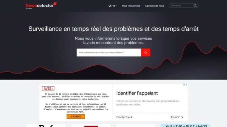 Tableau de bord Downdetector affichant des pannes de services