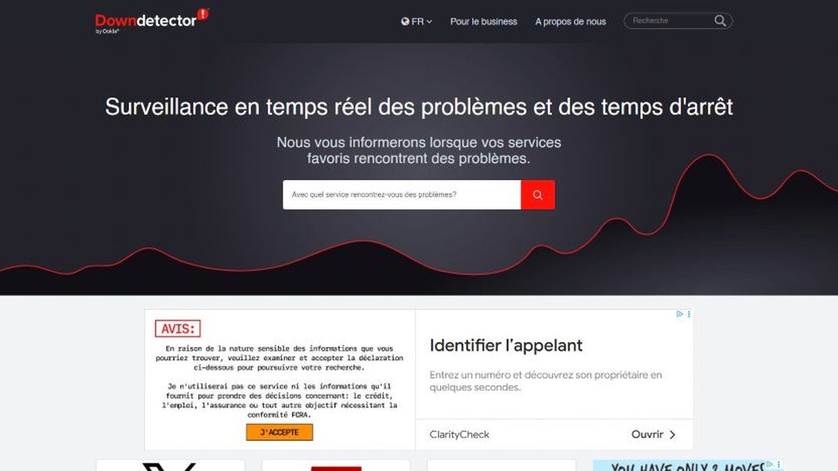 Tableau de bord Downdetector affichant des pannes de services