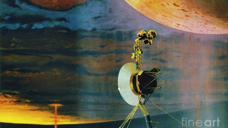 Illustration artistique détaillée de la sonde spatiale Voyager 1 en mission
