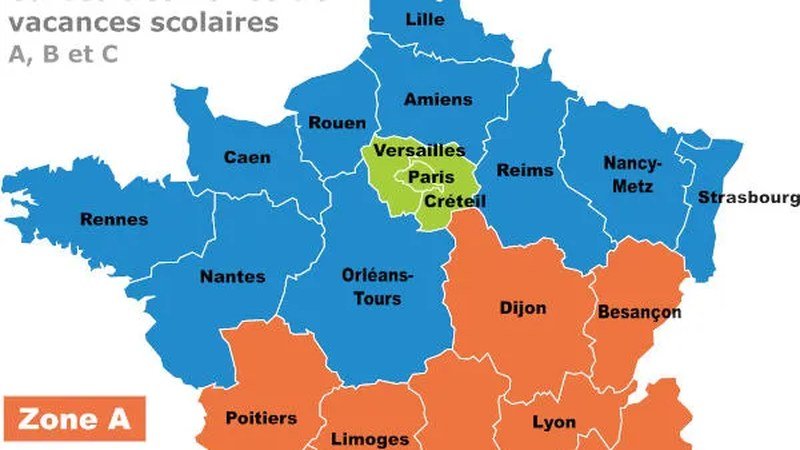 Carte de France des zones de vacances scolaires A, B et C