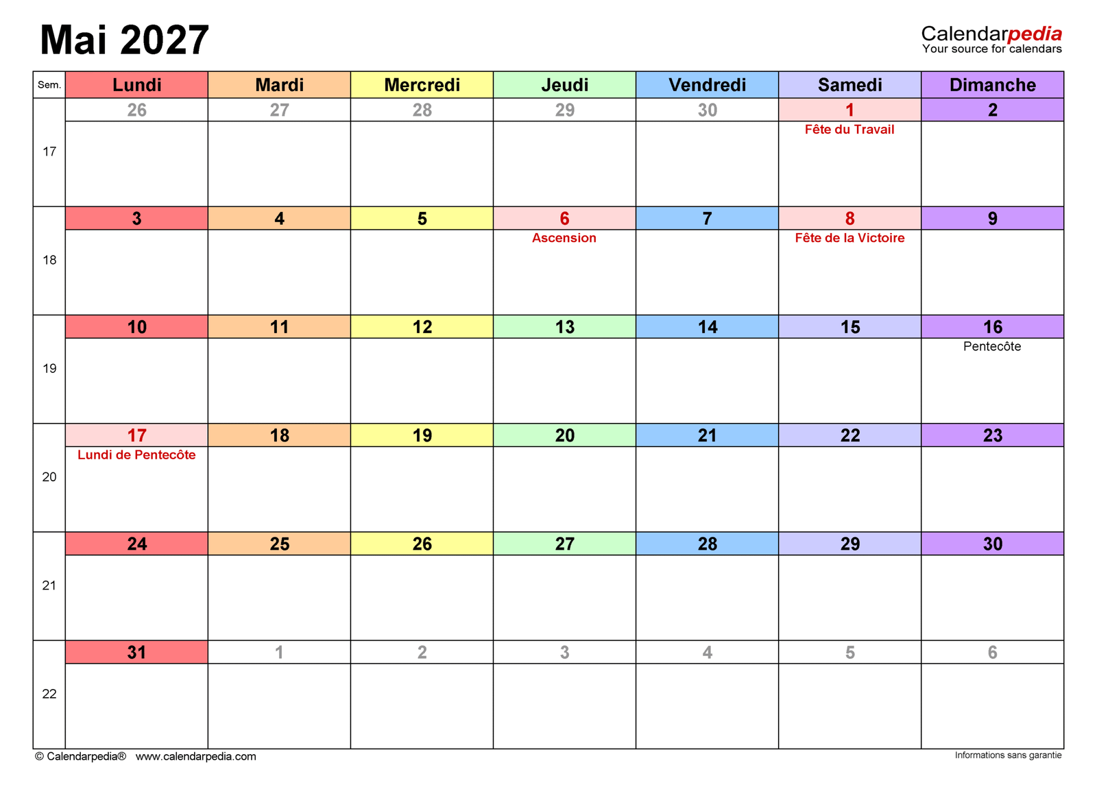 Calendrier du mois de mai 2027 affichant les jours de la semaine