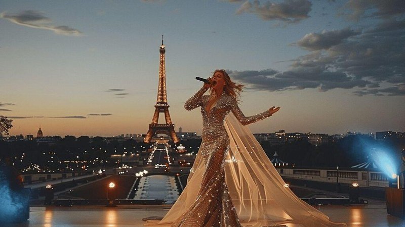 Céline Dion se produisant à la Tour Eiffel pour les JO
