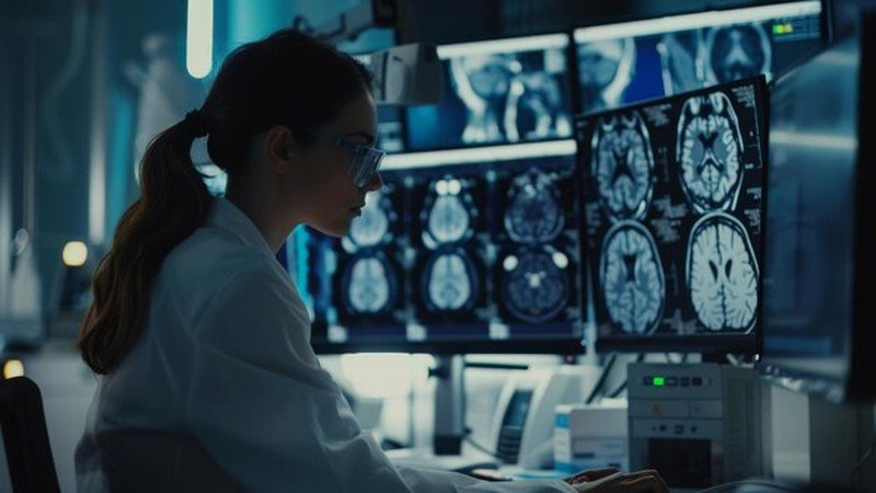 Chercheur analysant des données scientifiques en laboratoire de neurologie
