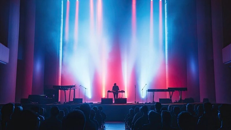 Scène de concert épurée avec un éclairage sobre