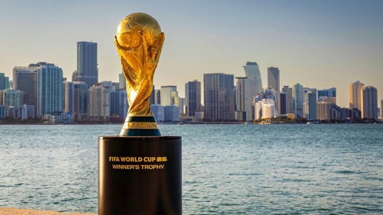 FIFA World Cup 2026 official trophy and stadium branding promotional photo