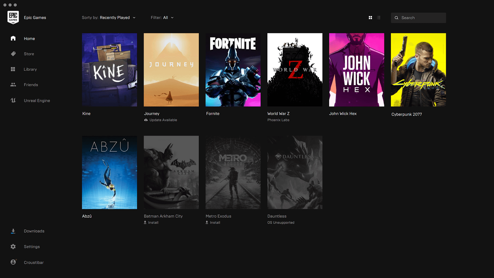 Interface utilisateur du lanceur Epic Games Store