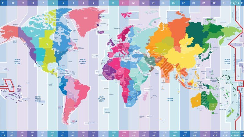 Horloges murales indiquant les différents fuseaux horaires mondiaux