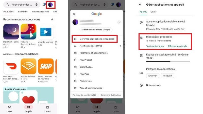 Menu de mise à jour des applications Android