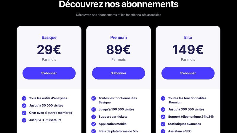 Tableau comparatif des plans tarifaires d'un service en ligne