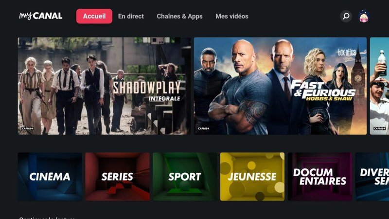 Interface utilisateur de l'application myCANAL
